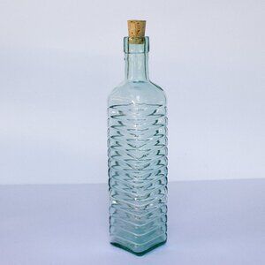Green Glass Tall Jar, ribbed vintage oil glass bottle with cork lid, recycled